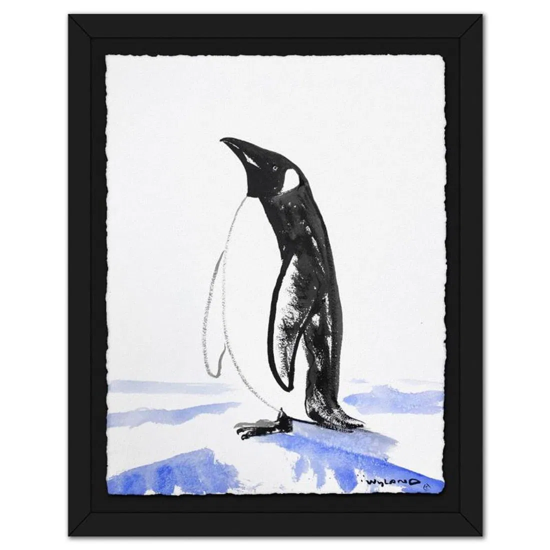 Wyland, "Penguin" Framed Original Sumi Ink Painting, Hand Signed with Letter of Authenticity.