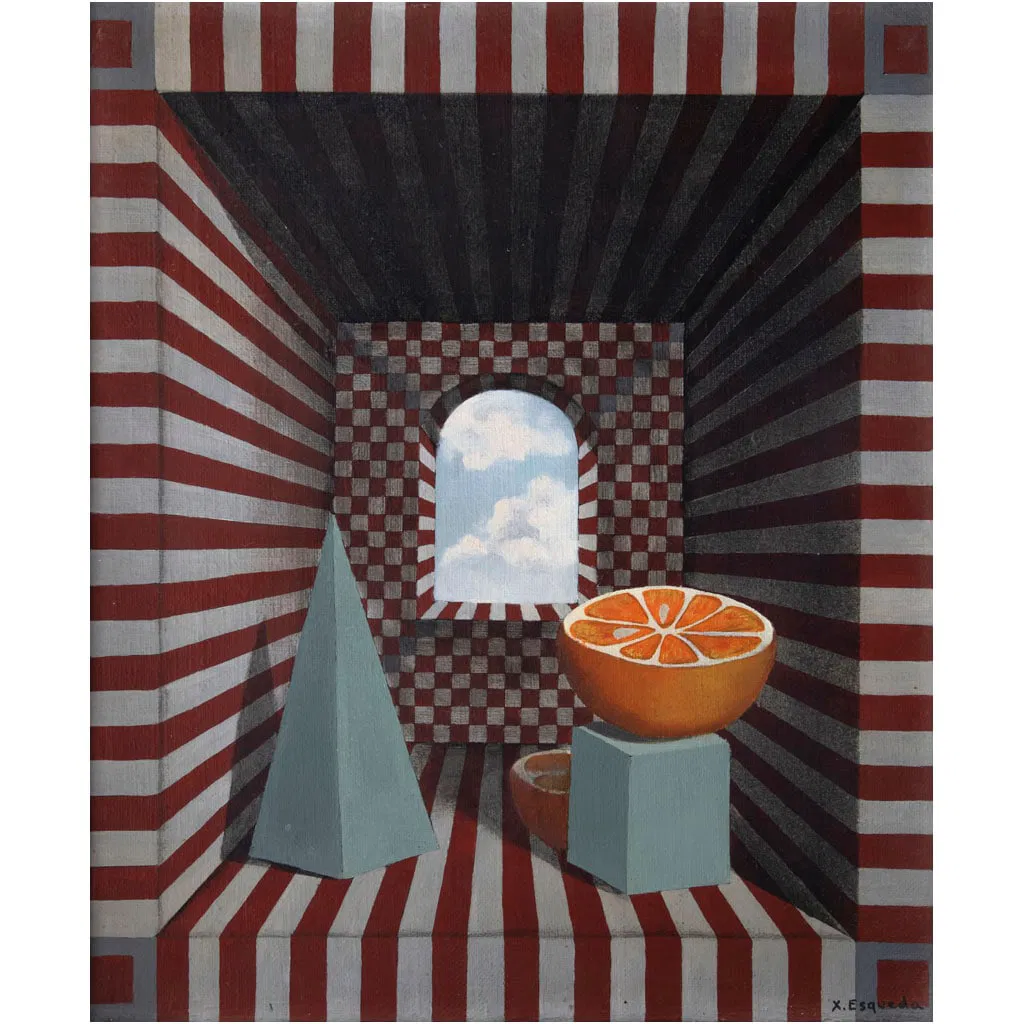 XAVIER ESQUEDA. Surrealistic Objects Including Orange. Firmado. Óleo sobre tela. 30.5 x 25 cm