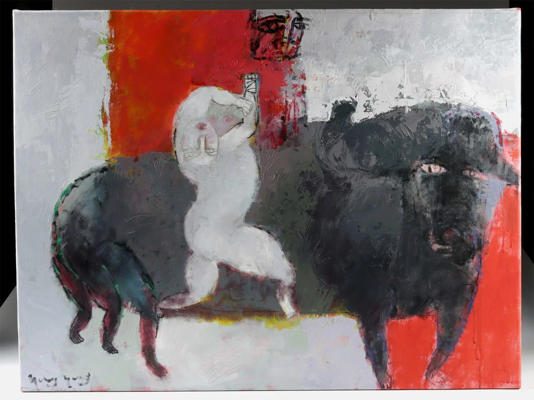 Yang Yang Mixed Media Painting - Dancing Nude and Bull