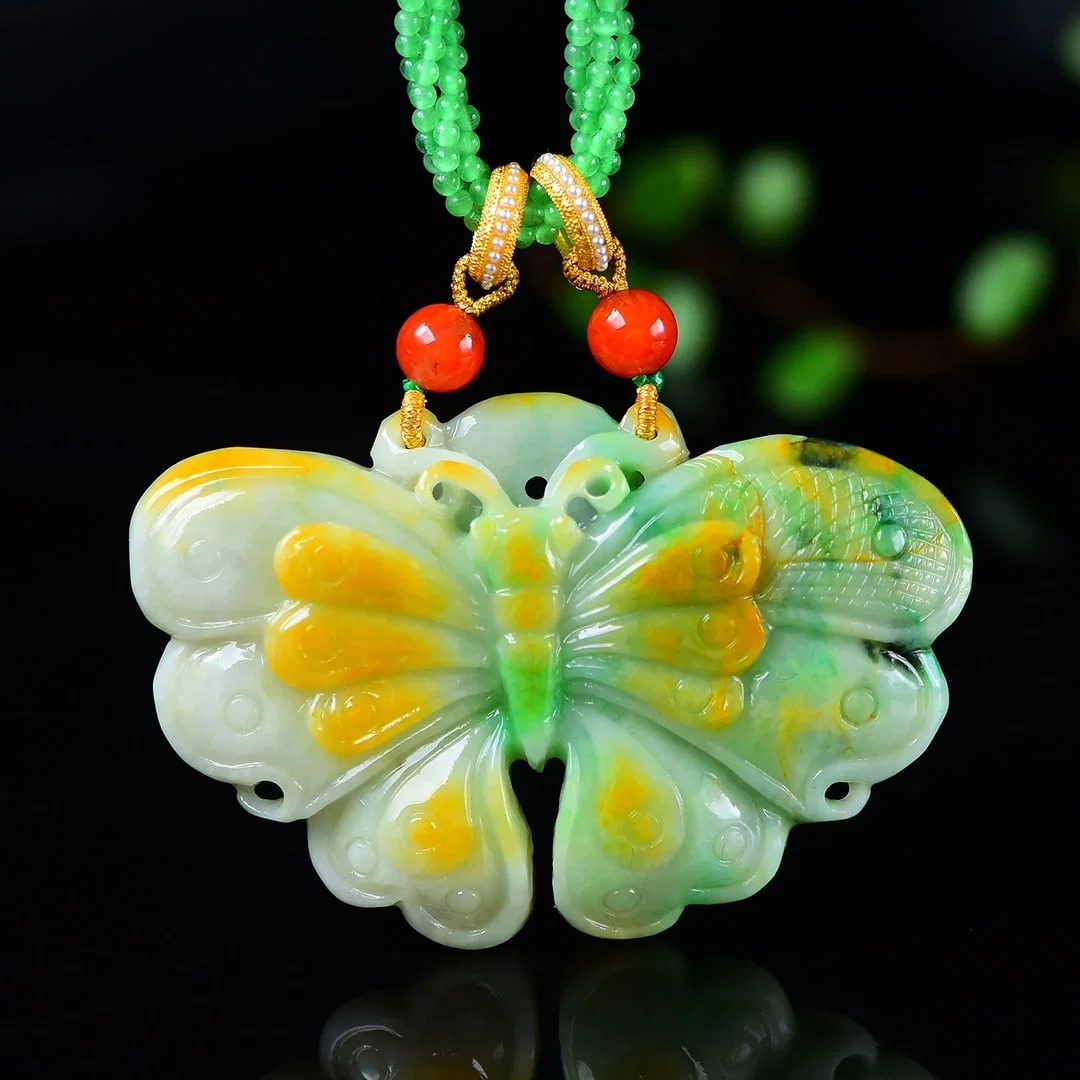 Yellow Green Jadeite Pendant - Butterfly