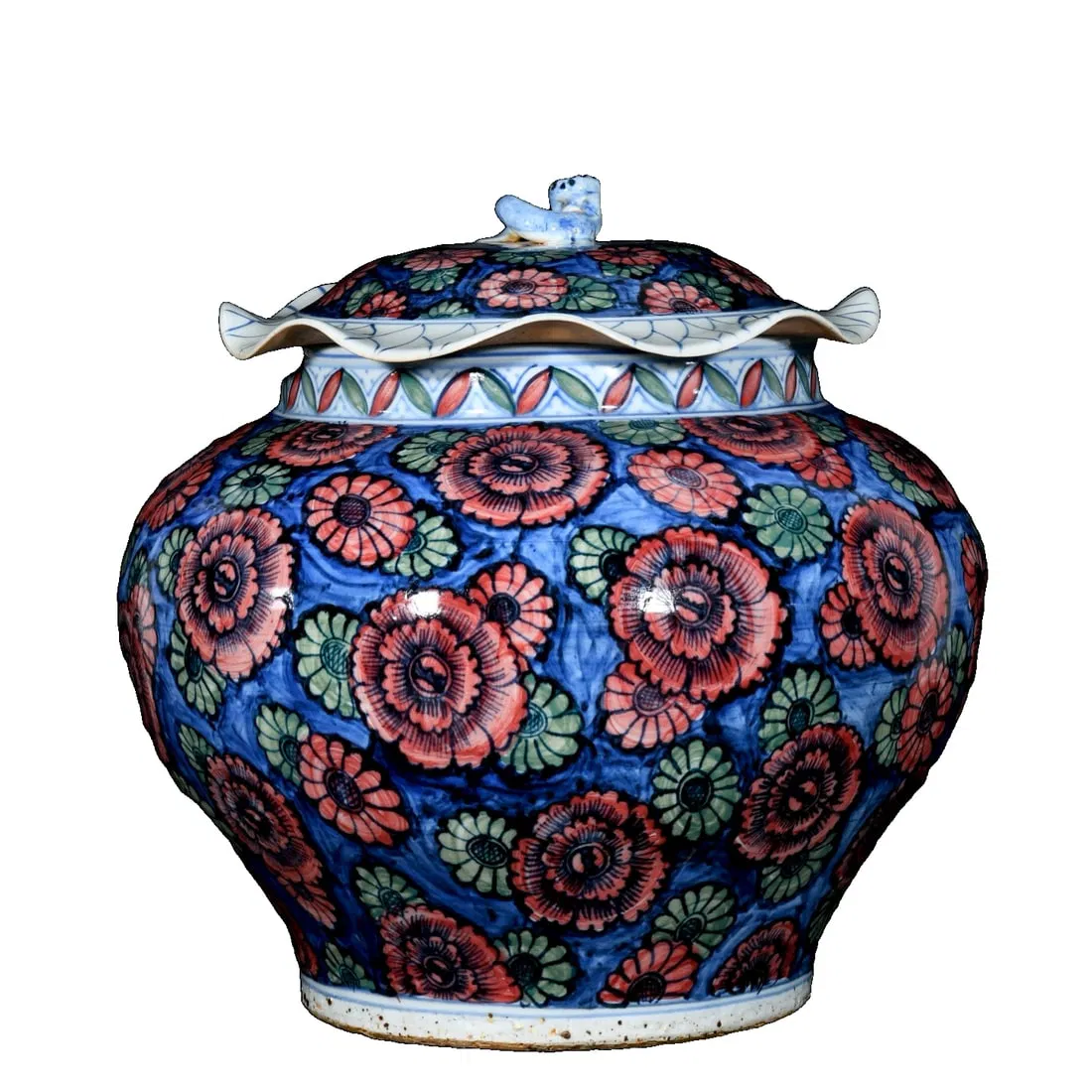 Yuan Blue and White Red and Green Lotus Leaf Jar