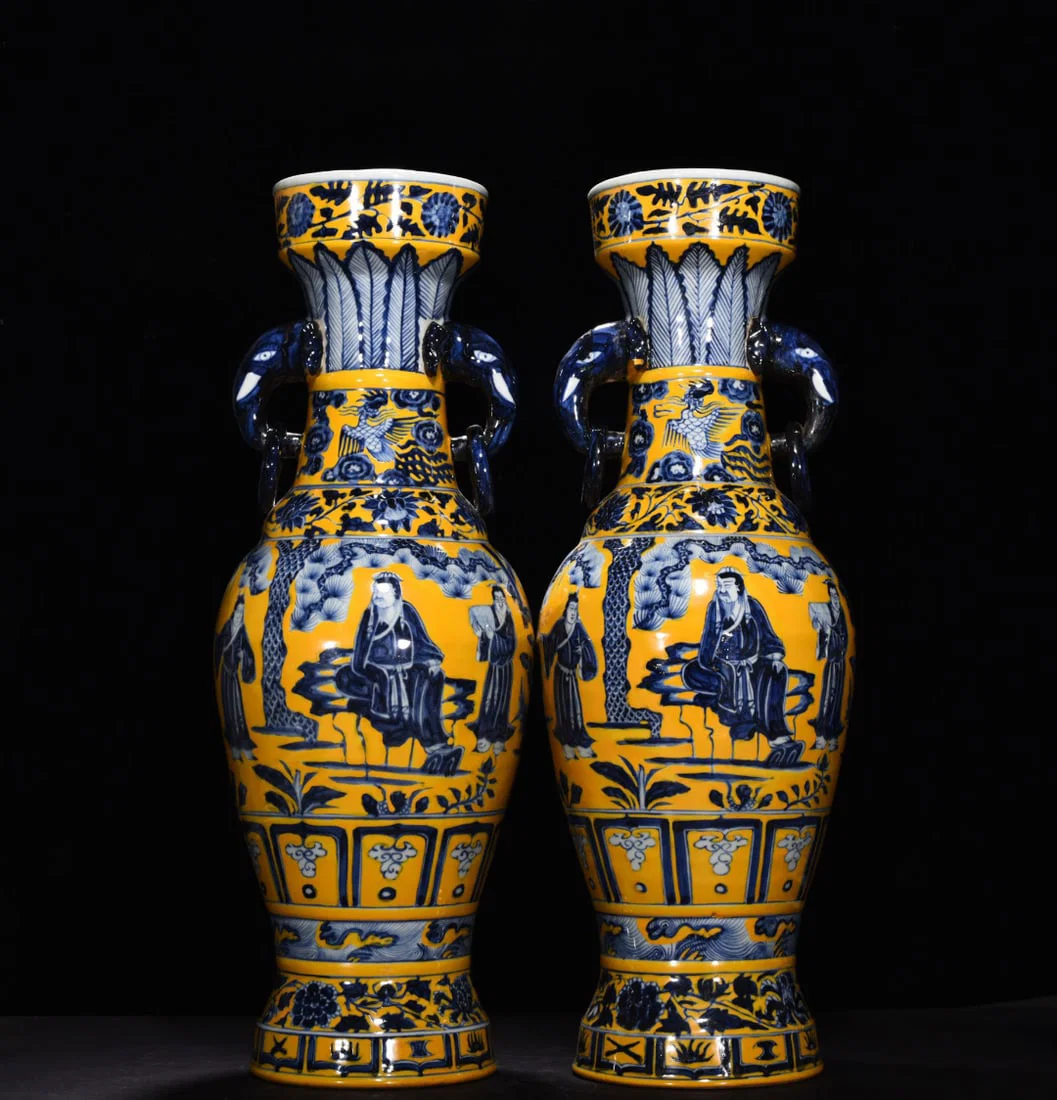 Yuan Dynasty blue and white delicate yellow glaze elephant ear vase pair