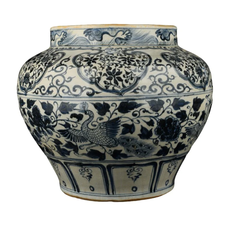 Yuan Dynasty Blue and White Porcelain Jar with Ruyi, Peacock and Peony Design