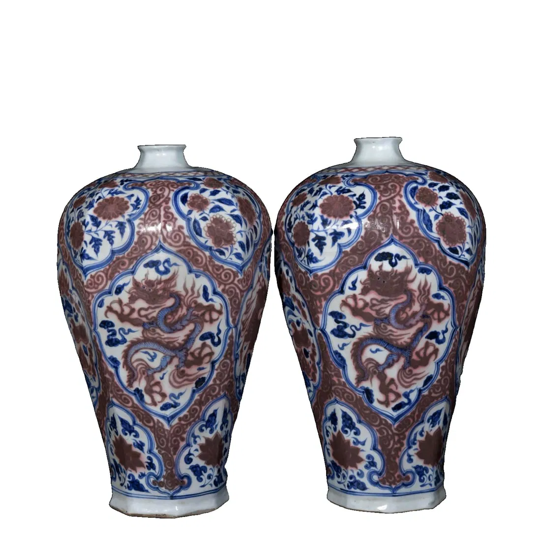 Yuan Dynasty Blue and White Red Glaze Dragon and Phoenix Vase