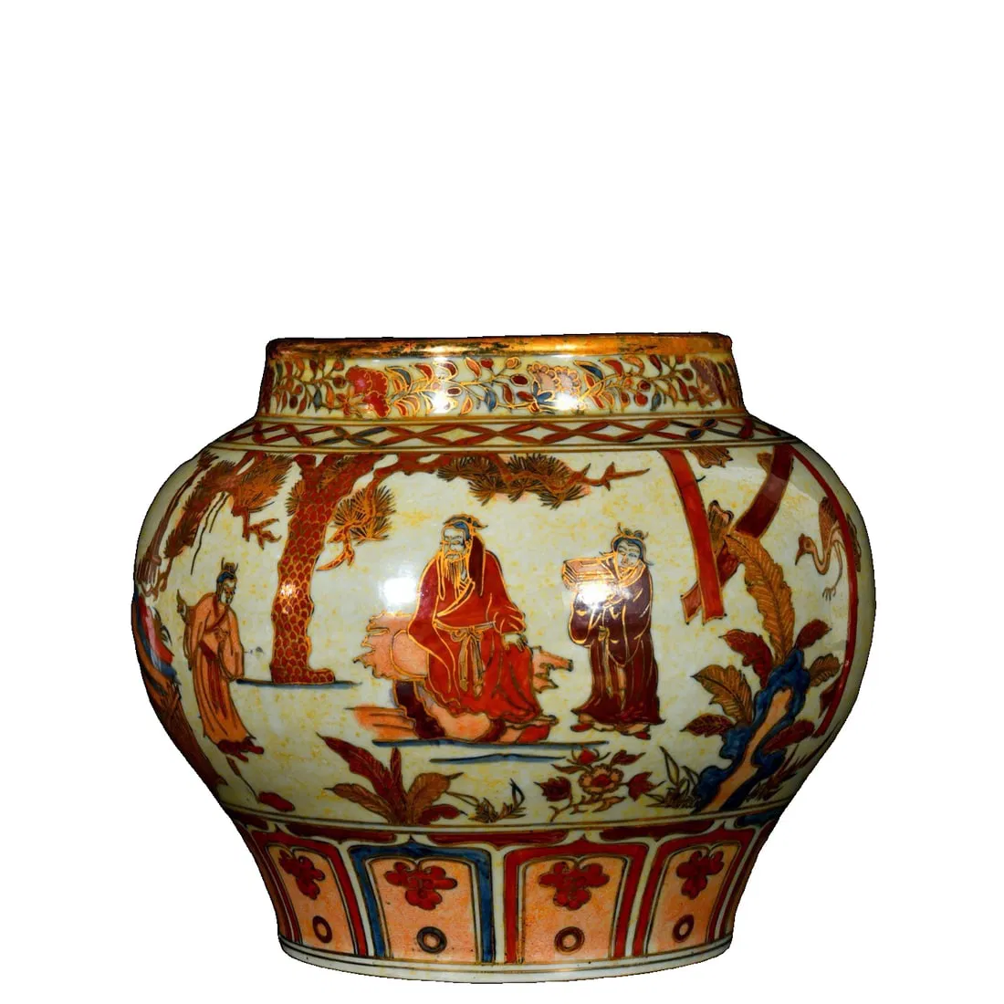 Yuan Dynasty Red and Gold Painted Jar with Three Visits to the Thatched Cottage