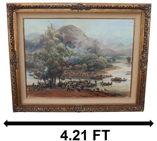 Yue Tin Mui (1892-1985) Chinese, "Market Place" Landscape Acrylic on Canvas