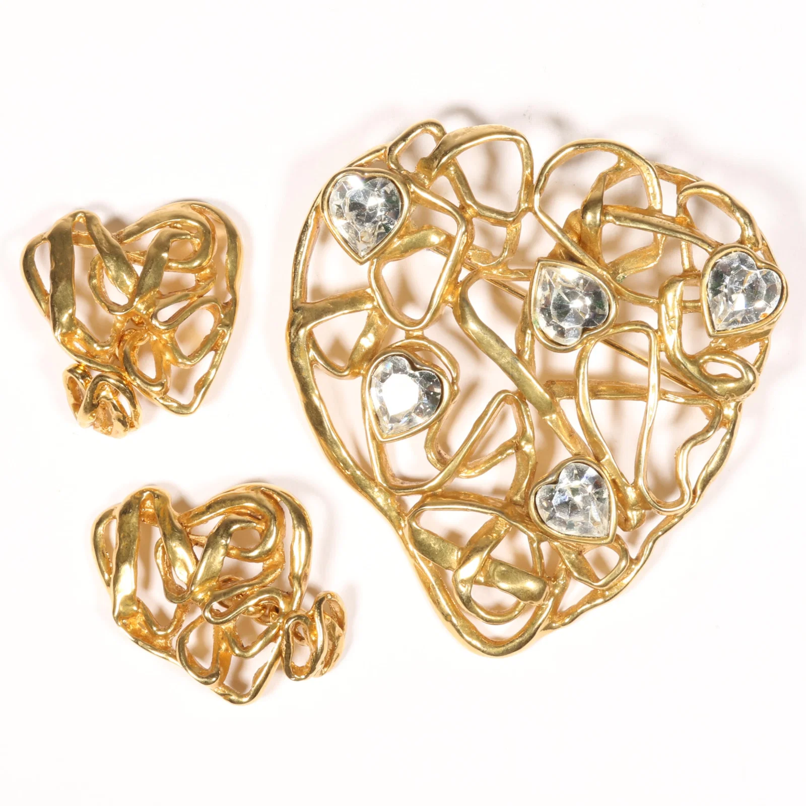 Yves Saint Laurent YSL 2pc group: openwork heart brooch with heart shaped crystals and matching