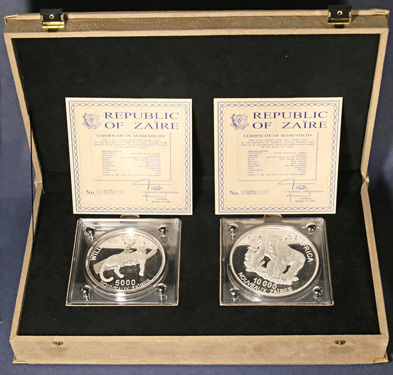 Zaire 1996 Silver Proof Coin Set Gorilla and Leopard in Original Packaging