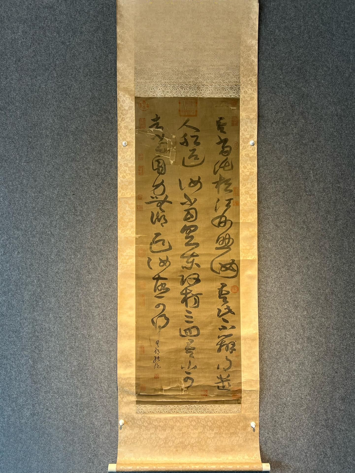 Zhang Xu's exquisite calligraphy on silk, mounted on brocade, hanging scroll.