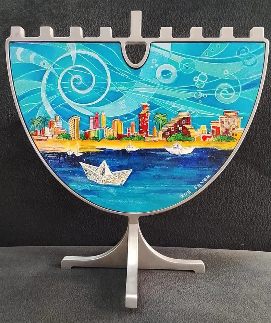 Zoe Sever, Israeli - Ukraine, Hanukkah Menorah, Oil on Wood