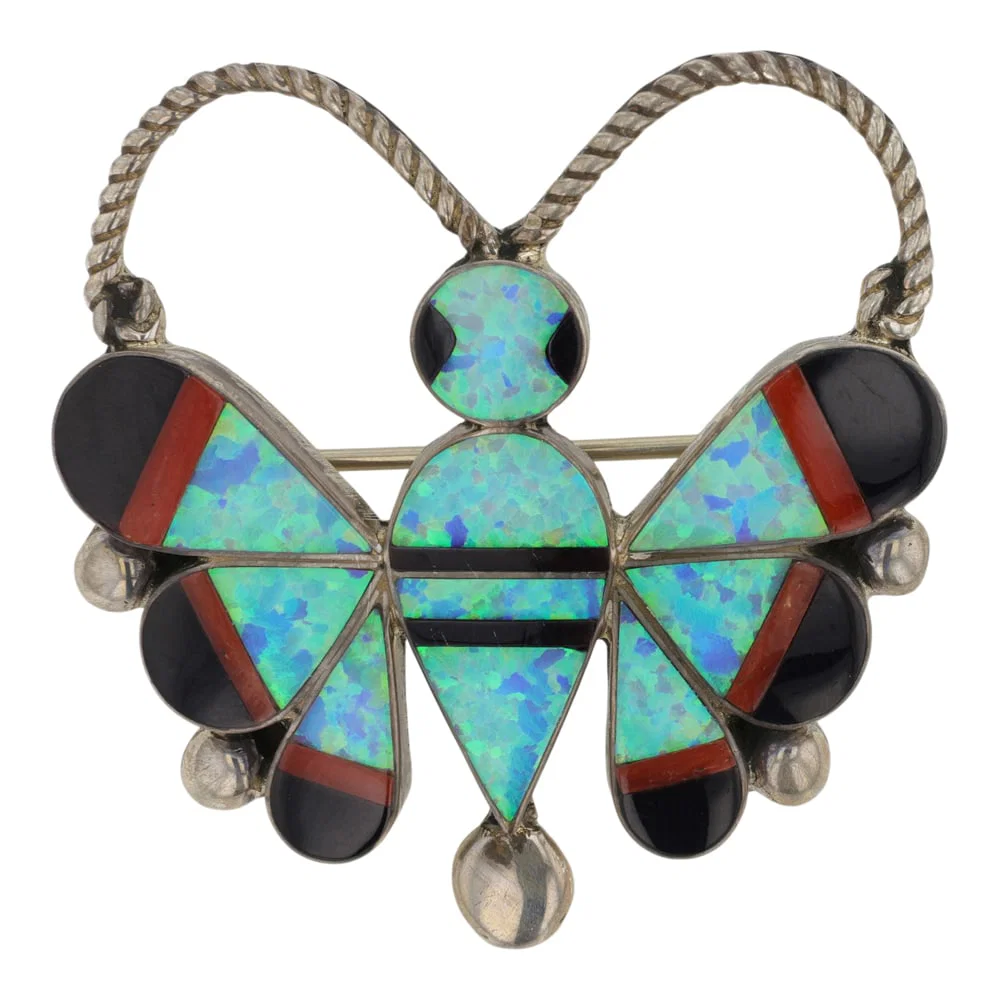 Zuni Acoma Jet Coral & Synthetic Opal Inlay Butterfly Pin/ Pendant
