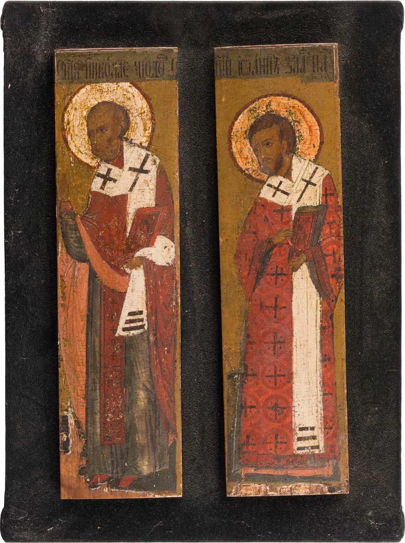 | ZWEI KLEINE IKONEN MIT DEN HEILIGEN NIKOLAUS VON MYRA UND JOHANNES CHRYSOSTOMUS