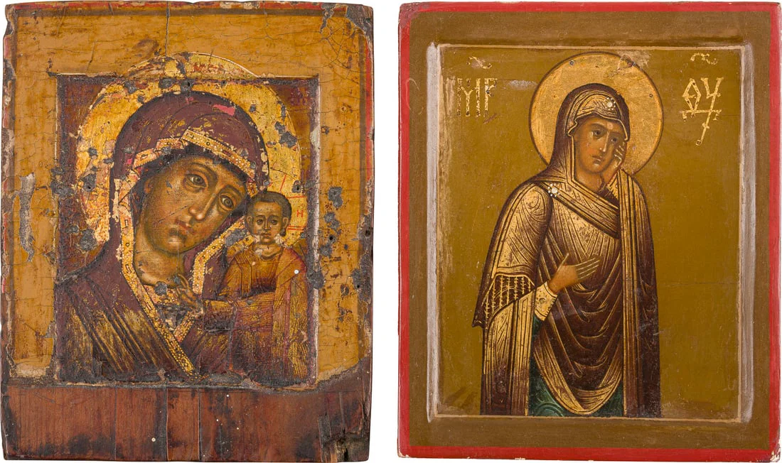 | ZWEI MINIATUR-IKONEN MIT DER GOTTESMUTTER VON KASAN UND DER TRAUERNDEN GOTTESMUTTER